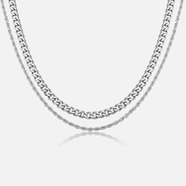 Silver Cuban Link + Rope Chain Stack - Galis jewelry
